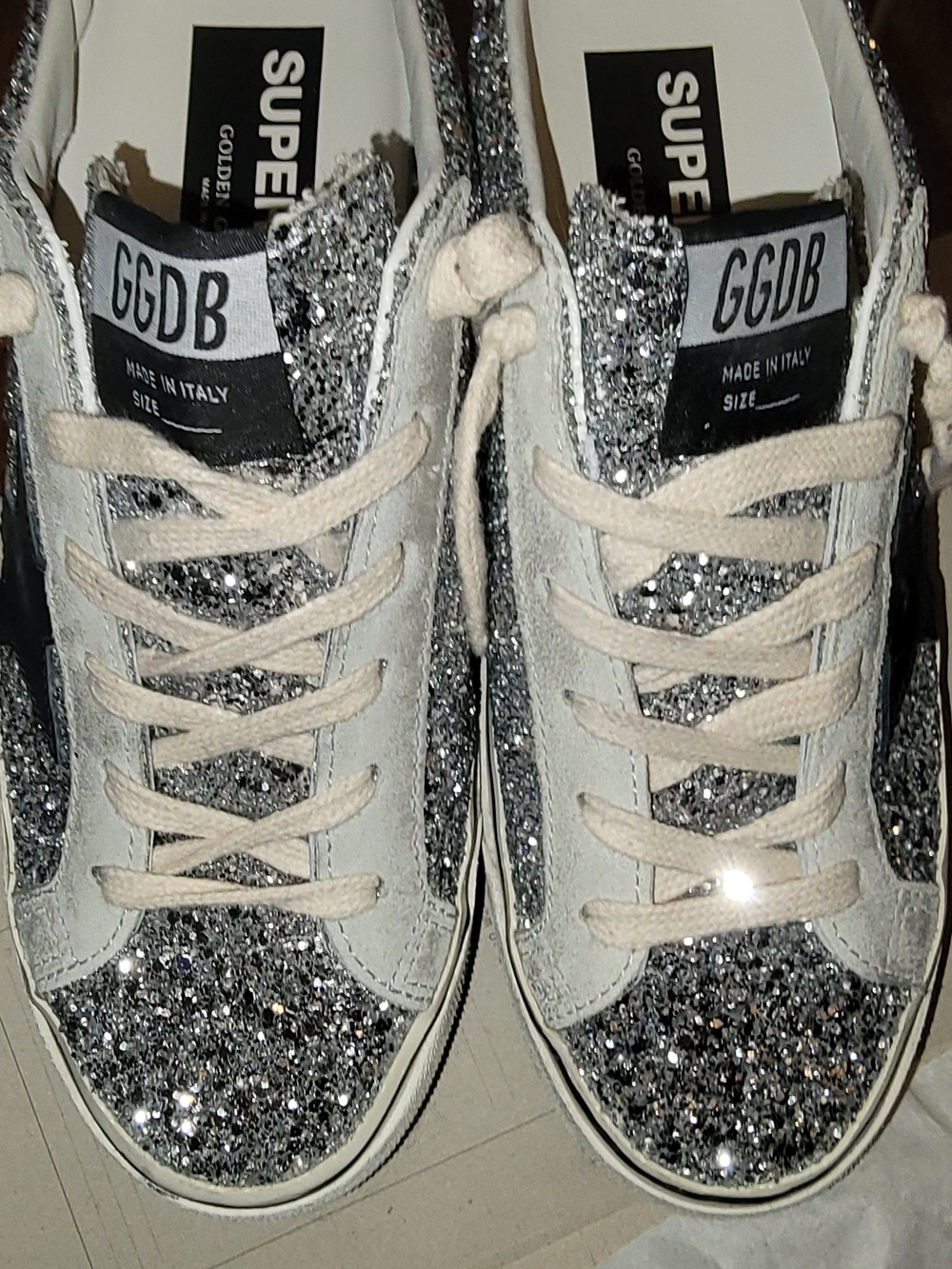 Golden Goose Women's Silver Glitter Low-Top Sneakers with Black Star Mules - Picture 2 of 12